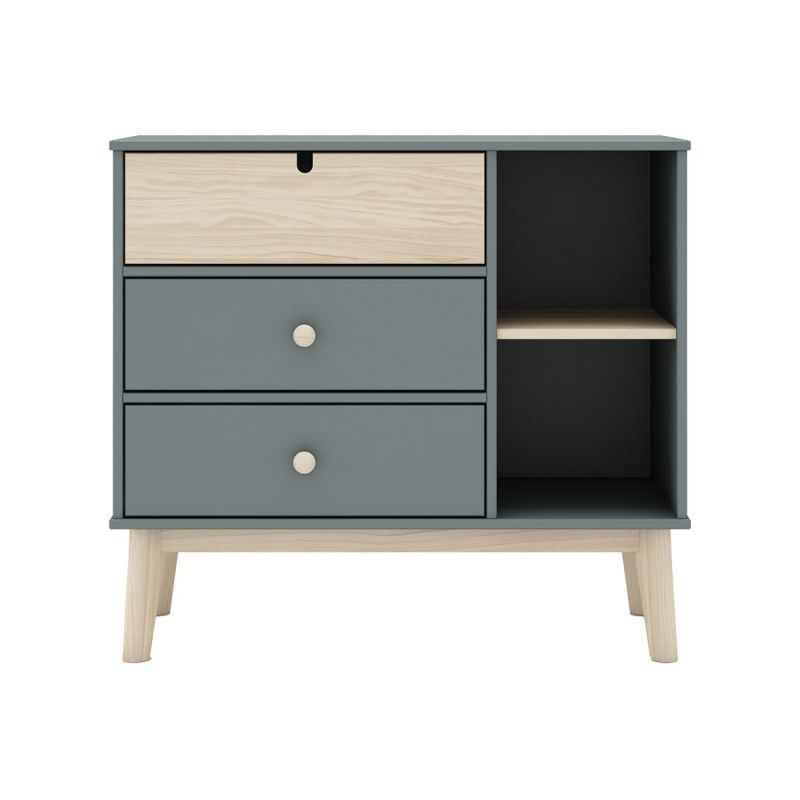 KAINA Commode 3 Tiroirs 2 Niches MDF Et Pin Coloris Gris Vert Et