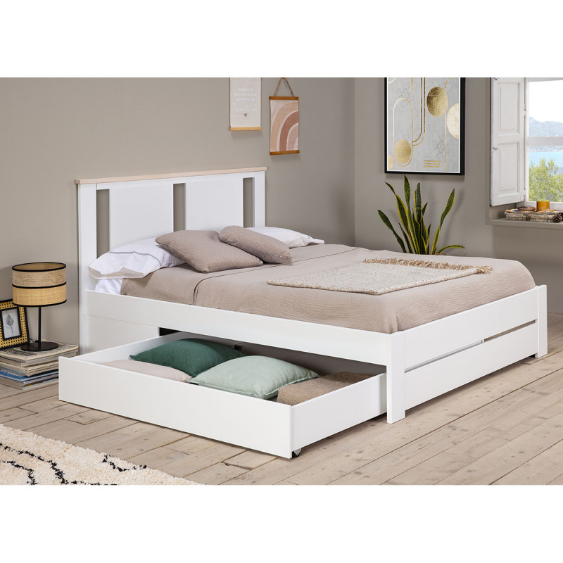 EMORI Lit 140x190cm Avec Tiroir MDF Et Pin Coloris Blanc Et Effet