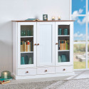 SOCOA - Vitrine 3 Portes 3 Tiroirs Bois Massif Vernis Sepia et Blanc