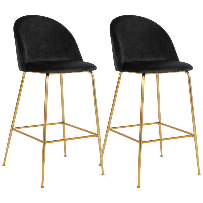 MEYRIN - Lot de 2 Chaises Hautes Velours Noir et Pieds Métal Doré MEYRIN - Lot de 2 Chaises Hautes Velours Noir et Pieds Métal Doré