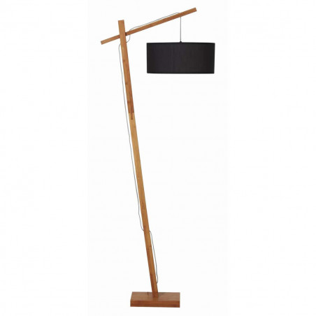 ACHILLE - Lampadaire en Bois Naturel Abat-Jour Tissu Noir