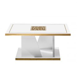 SAFARY - Table Basse Rectangle Laquée Blanc et Or Décor Sérigraphié