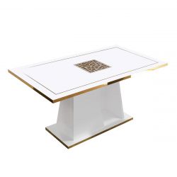 SAFARY - Table Repas Rectangulaire 160cm Laquée Blanc et Or Décor Sérigraphié