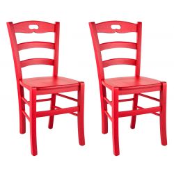 SUZY - Lot de 2 Chaises Laquées Rouge et Assises en Bois