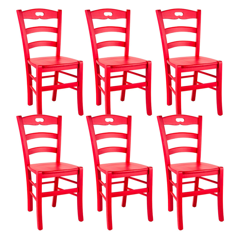 SUZY - Lot de 6 Chaises Laquées Rouge et Assises en Bois