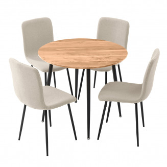 HANOI - Ensemble Table Ronde 110 Effet Bois + 4 Chaises Greiges