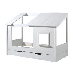 LAKA - Lit Maison 90x200cm Blanc avec Fenêtre + Tiroir