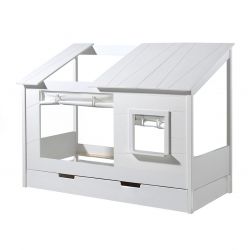 LAKA - Lit Maison 90x200cm Blanc avec Fenêtre + Tiroir et Rideaux
