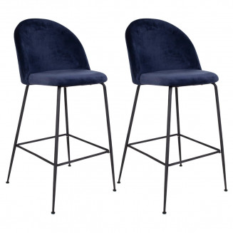 MEYRIN - Lot de 2 Chaises Hautes Velours Bleu et Pieds Métal Noir