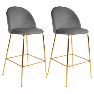 MEYRIN - Lot de 2 Chaises Hautes Velours Gris et Pieds Métal Doré
