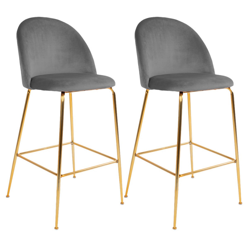 MEYRIN - Lot de 2 Chaises Hautes Velours Gris et Pieds Métal Doré MEYRIN - Lot de 2 Chaises Hautes Velours Gris et Pieds Métal Doré