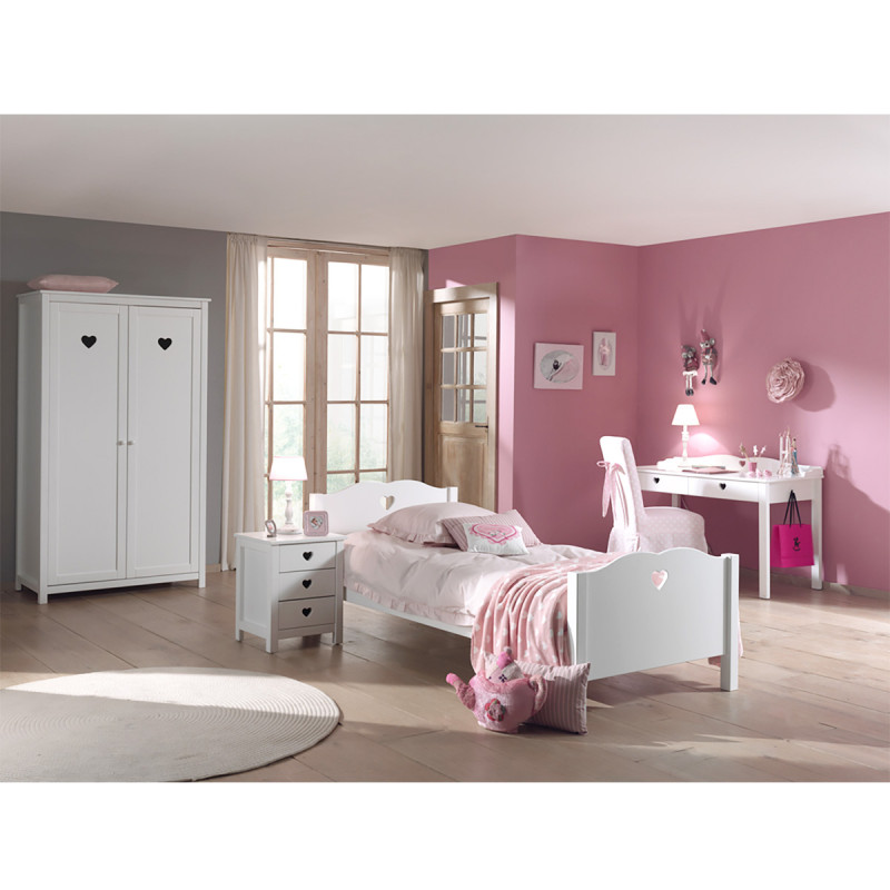 MILADY - Lit 90x200cm + Chevet + Armoire 2 Portes + Bureau