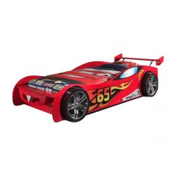 TURBO - Lit Voiture Racing 90x200cm Rouge Motifs Flammes