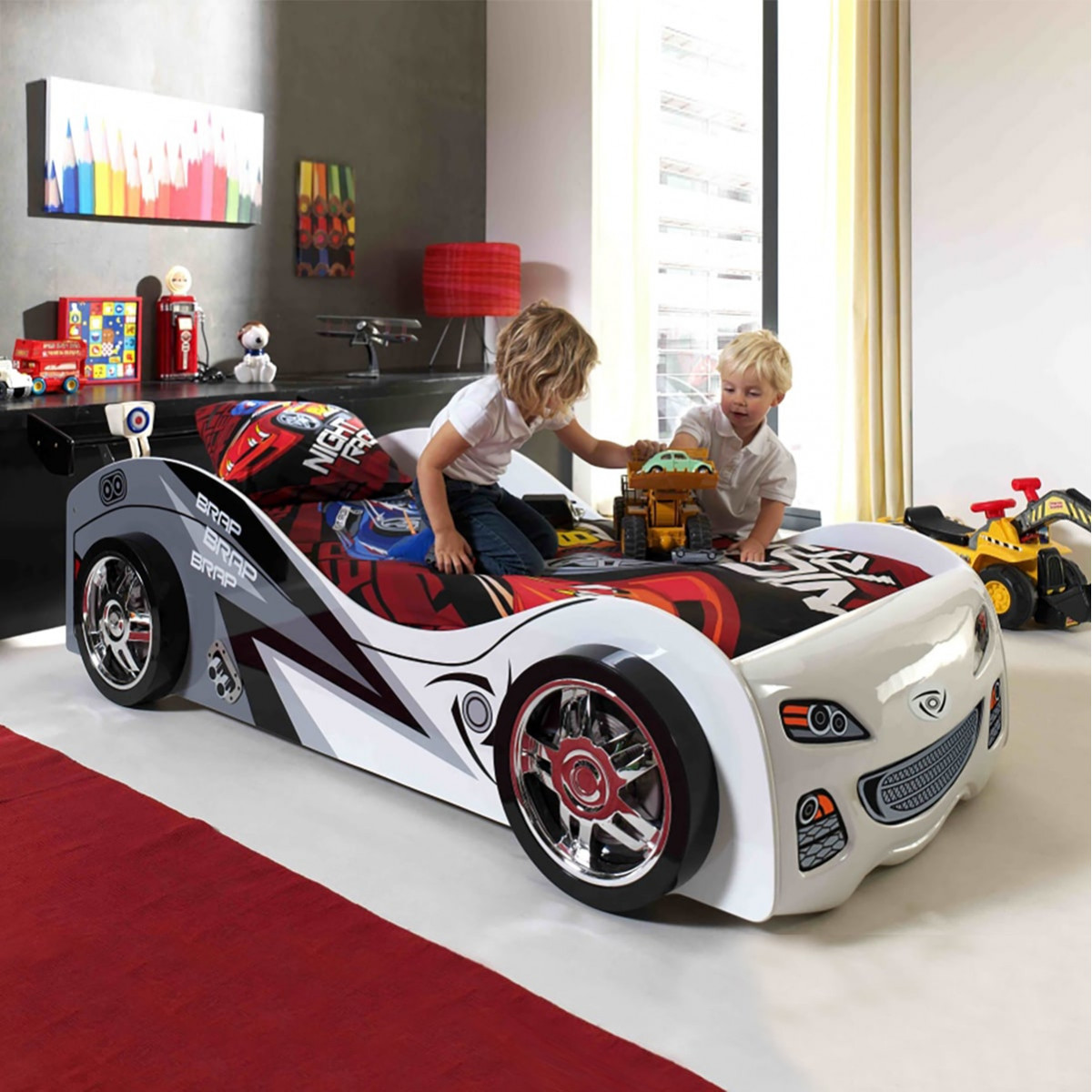 Lit Enfant Voiture De Course VidaXL - Cadre MDF + Lattes Bois - 90x200 Cm - Bleu - À Partir De 4 Ans