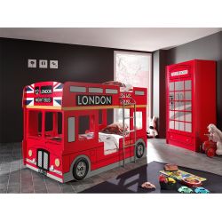 SOHO - Lits Superposés 90x200cm Bus Londres avec Leds + Armoire