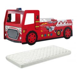 FIREMAN - Lit Camion de Pompier 90x200cm avec Leds + Matelas