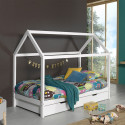 ARKAN - Lit Cabane 90x200cm en Pin Massif Blanc + Tiroir