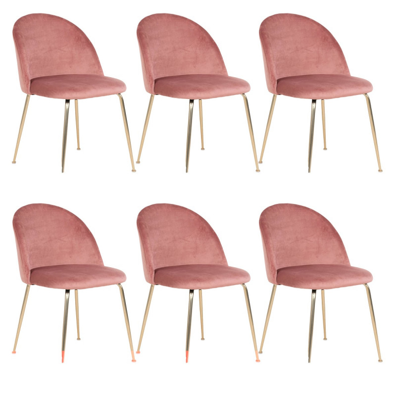 MEYRIN - Lot de 6 Chaises Velours Rose et Pieds Métal Doré