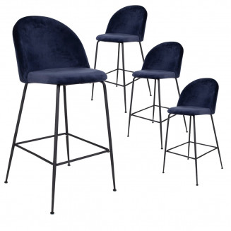 MEYRIN - Lot de 4 Chaises Hautes Velours Bleu et Pieds Métal Noir