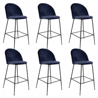 MEYRIN - Lot de 6 Chaises Hautes Velours Bleu et Pieds Métal Noir