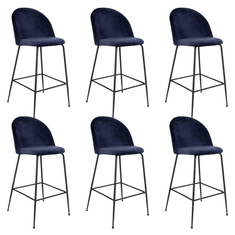MEYRIN - Lot de 6 Chaises Hautes Velours Bleu et Pieds Métal Noir
