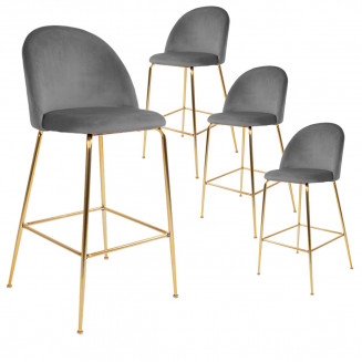 MEYRIN - Lot de 4 Chaises Hautes Velours Gris et Pieds Métal Doré