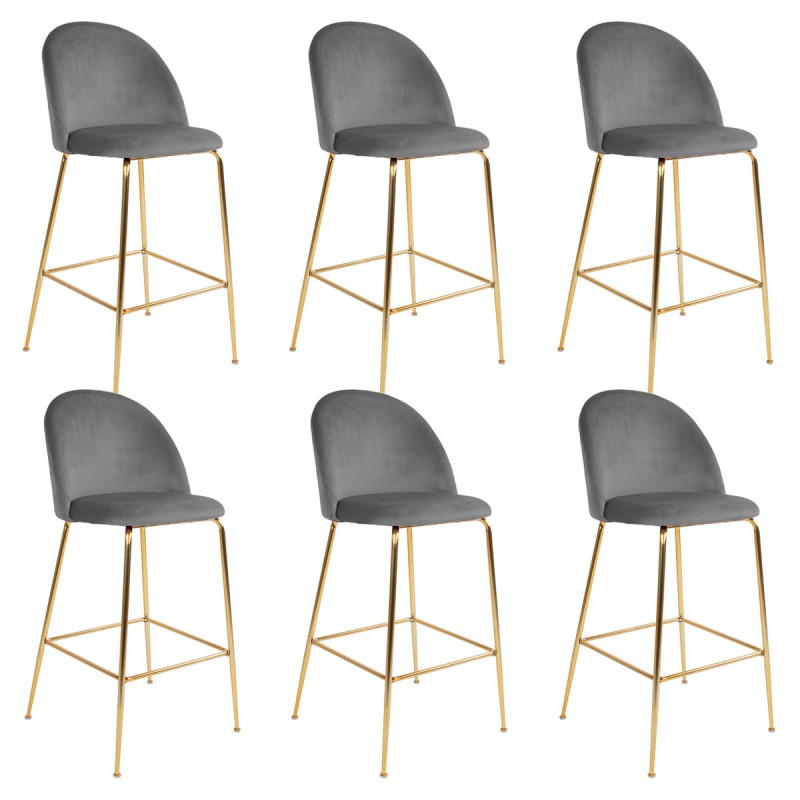 MEYRIN - Lot de 6 Chaises Hautes Velours Gris et Pieds Métal Doré