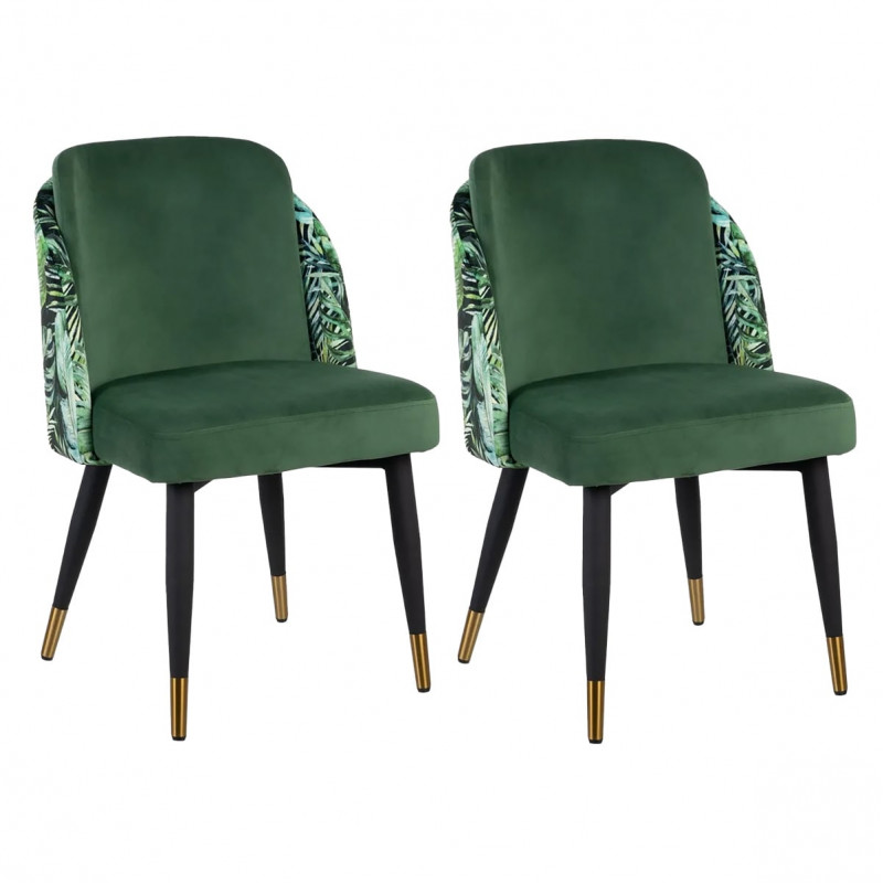 FOJA - Lot de 2 Chaises Tissu Vert Motif Feuilles
