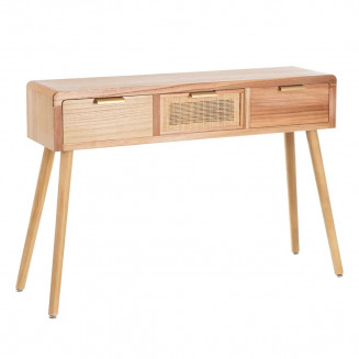 VIMET - Console 3 Tiroirs Effet Bois Multi-Nuances et Rotin