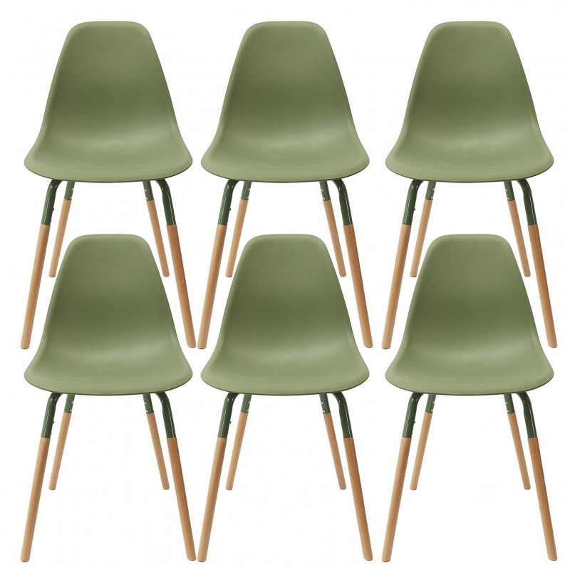 FLUK - Lot de 6 Chaises Polypropylène Vert et Bois