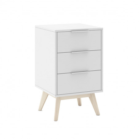LAUPELL - Chevet Scandinave 3 Tiroirs Pin Massif Naturel et Blanc