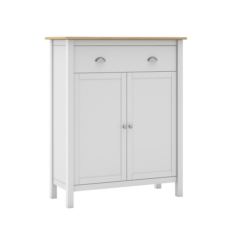 BASCO - Meuble d'Appoint 2 Portes 2 Tiroirs en Pin Massif Naturel et Blanc BASCO - Meuble d'Appoint 2 Portes 2 Tiroirs en Pin Massif Naturel et Blanc