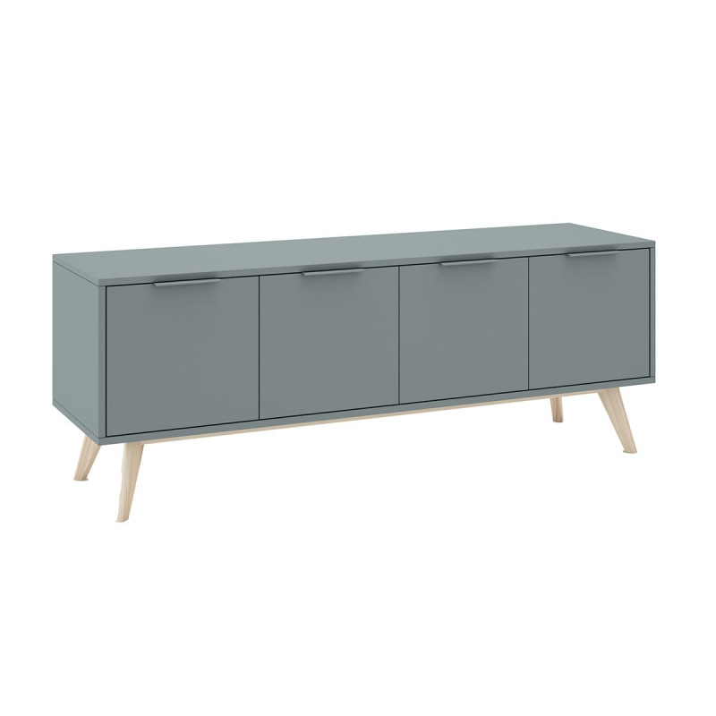 CANACA - Meuble TV 4 Portes Scandinave MDF et Pin Massif Gris Vert