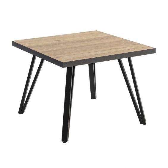 KAO - Table Basse Carrée 60cm Effet Bois Cerclage Noir Piétement Epingle Métal