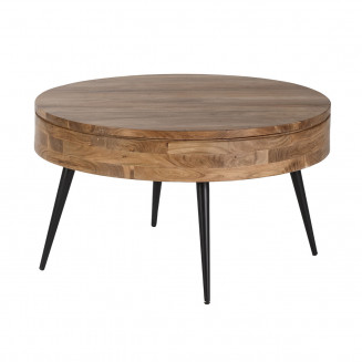 BONAA - Table Basse Coffre Ø90cm Bois d'Acacia Pieds Métal Noir
