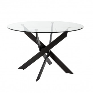 RITHA - Table Ronde 120cm Pieds Métal Noir et Plateau en Verre