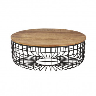 GLADIO - Table Basse Ronde Ø102cm Industrielle Bois d'Acacia et Métal Noir