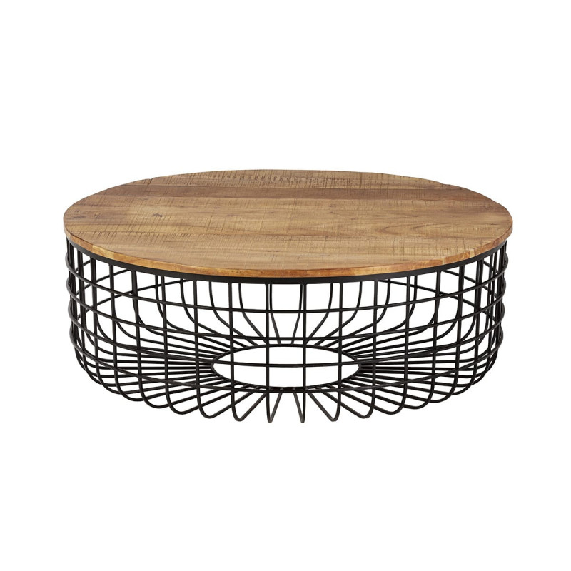 GLADIO - Table Basse Ronde Ø102cm Industrielle Bois d'Acacia et Métal Noir GLADIO - Table Basse Ronde Ø102cm Industrielle Bois d'Acacia et Métal Noir