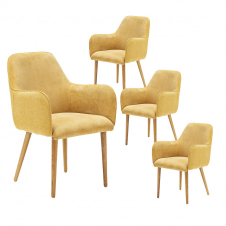 HORIK - Lot de 4 Fauteuils Velours Côtelé Jaune Dos Tissu Chiné Pieds Bois