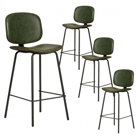 GARY - Lot de 4 Tabourets en Simili Cuir Vert Piétement Métal Noir