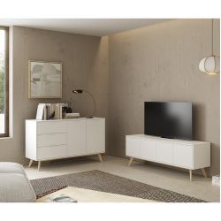 BLAJK - Pack Salon Scandinave Meuble TV 4 Portes + Buffet 140cm Pin Naturel et Blanc