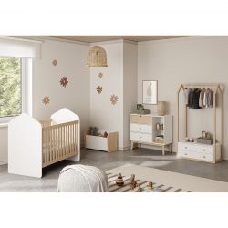KAINA - Chambre Bébé 60x120cm Complète + Coffre à Jouets Coloris Blanc et Naturel