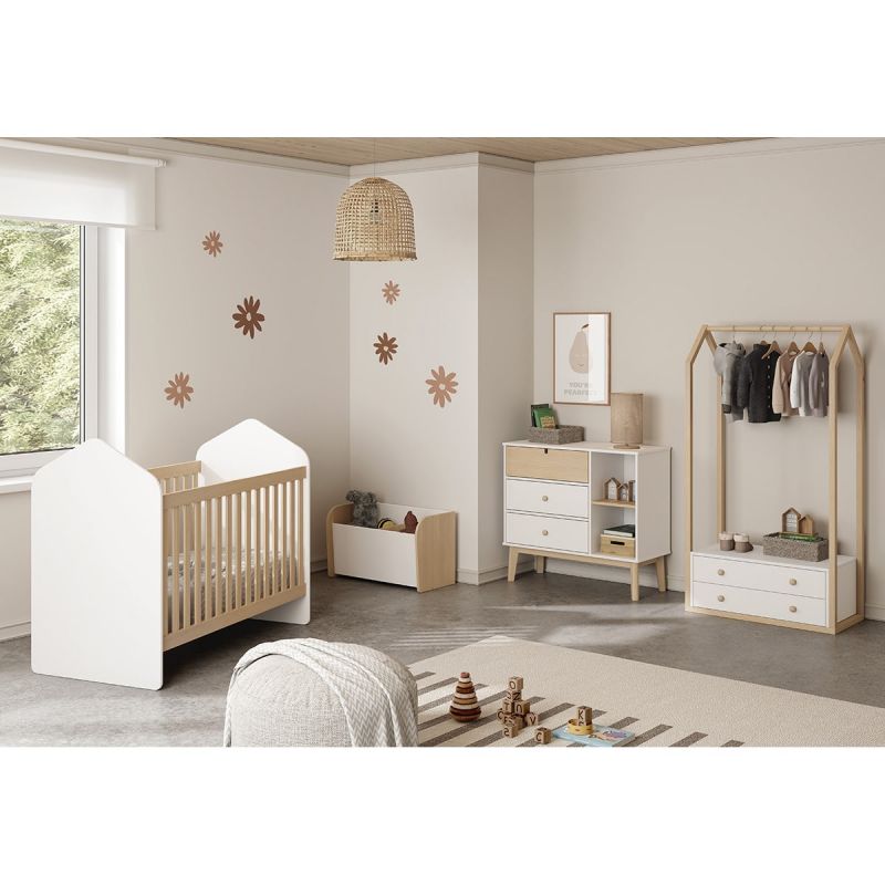 KAINA - Chambre Bébé 60x120cm Complète + Coffre à Jouets Coloris Blanc et  Naturel -  - Meubles, Salons, Literie