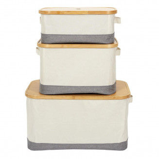 LAZEN - Lot de 3 Panières Bambou avec Couvercle Tissu Blanc et Gris