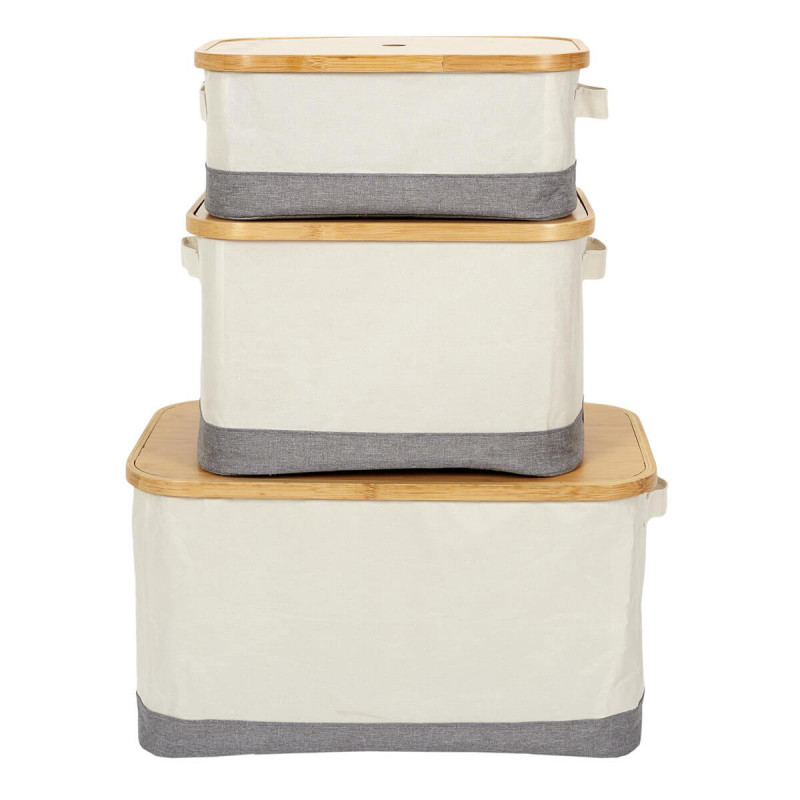 LAZEN - Lot de 3 Panières Bambou avec Couvercle Tissu Blanc et Gris