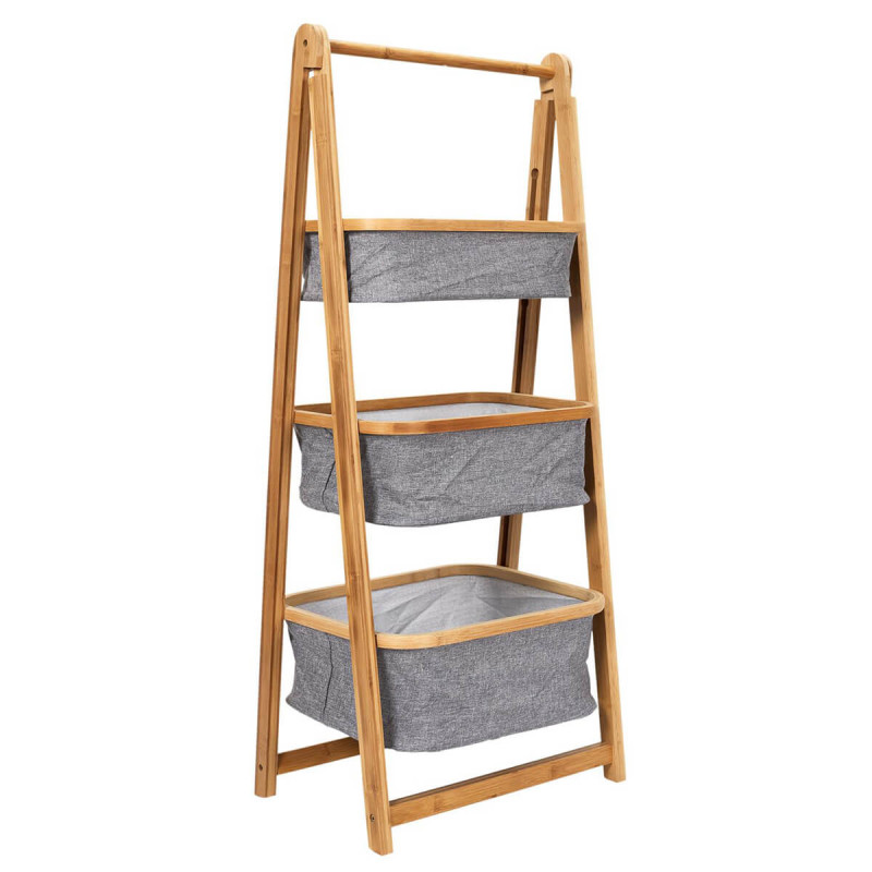 LAZEN - Meuble Etagère Pliable 3 Panières Bambou et Tissu Gris