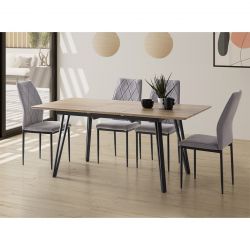 BASVIA - Pack Table Allongeable 140-180cm Effet Chêne + 4 Chaises Tissu Gris Clair Vollo