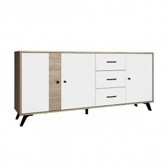 CLARIO - Buffet 3 Portes 3 Tiroirs Effet Bois Clair et Blanc Mat