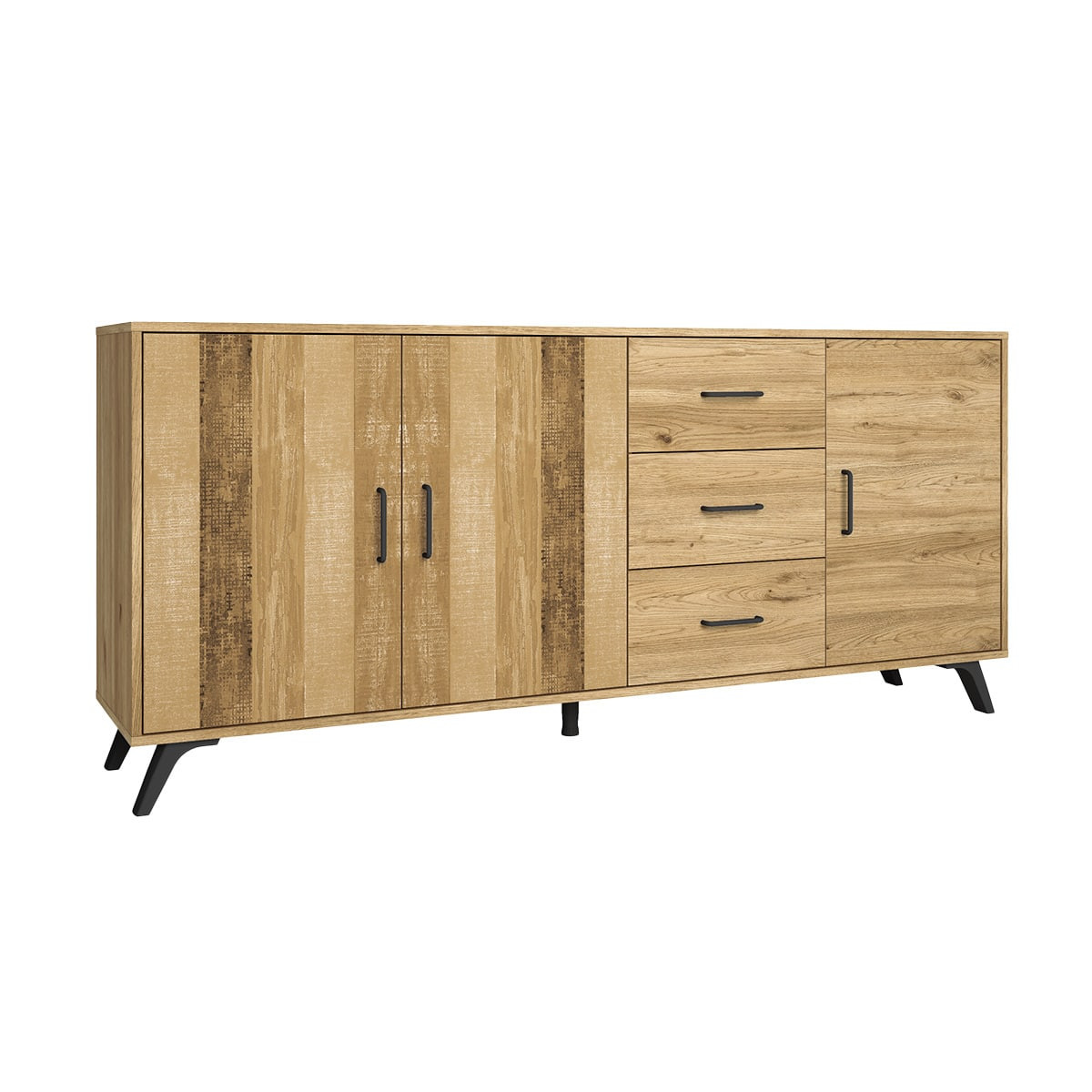 Buffet 3 Portes 3 Tiroirs En Pin Massif - Style Campagnard - Dimensions 130x43x87 Cm - Vernis Naturel - Meuble Salon Salle à Manger - 4