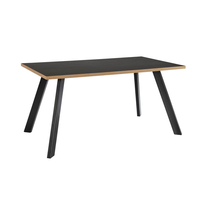 CALAX - Table de Repas 160cm Effet Bois Noir et Clair Piétement Evasé Métal Noir